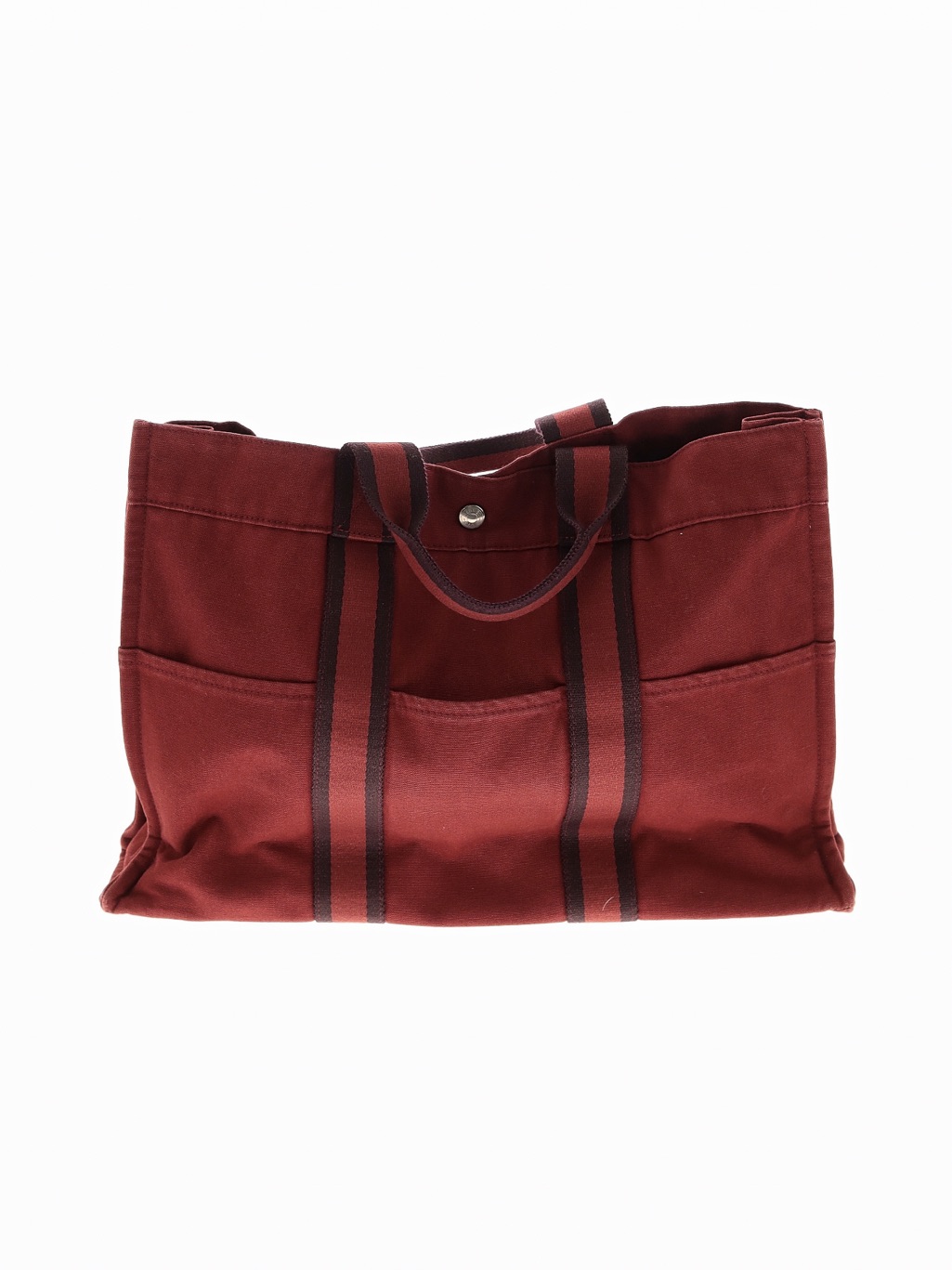 Hermes Burgundy Canvas Tote With Dark Stripe Accents